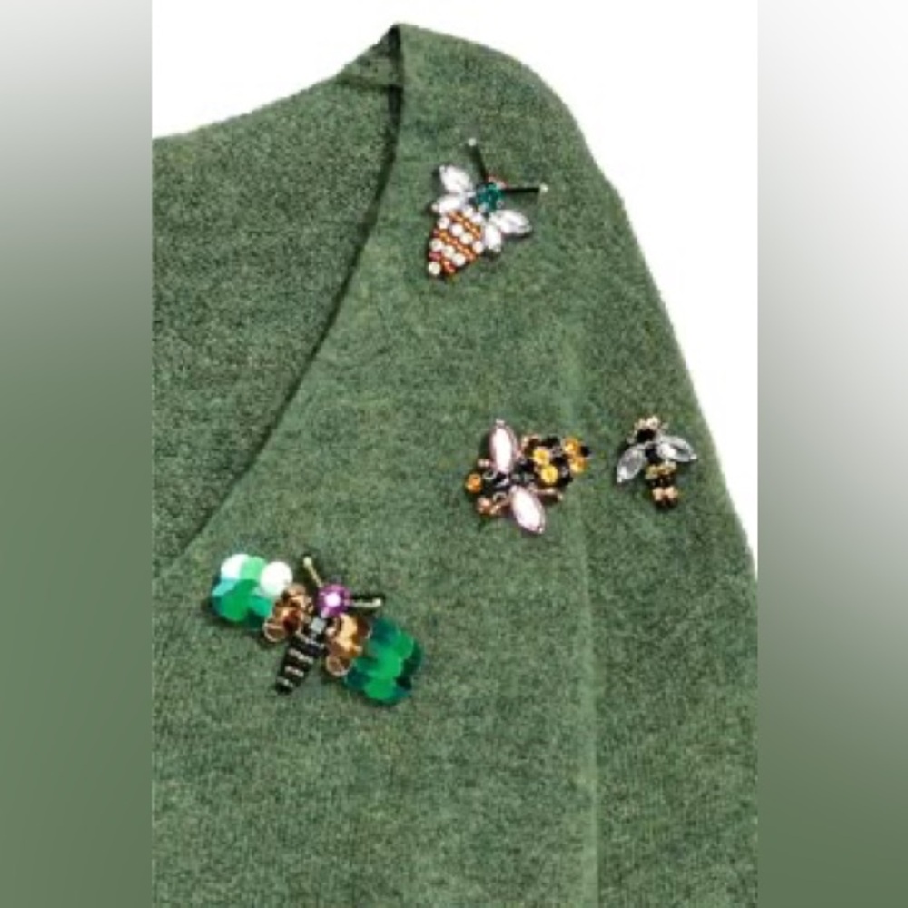 H&M embellished V neck green seared with insect appliqué sz XS